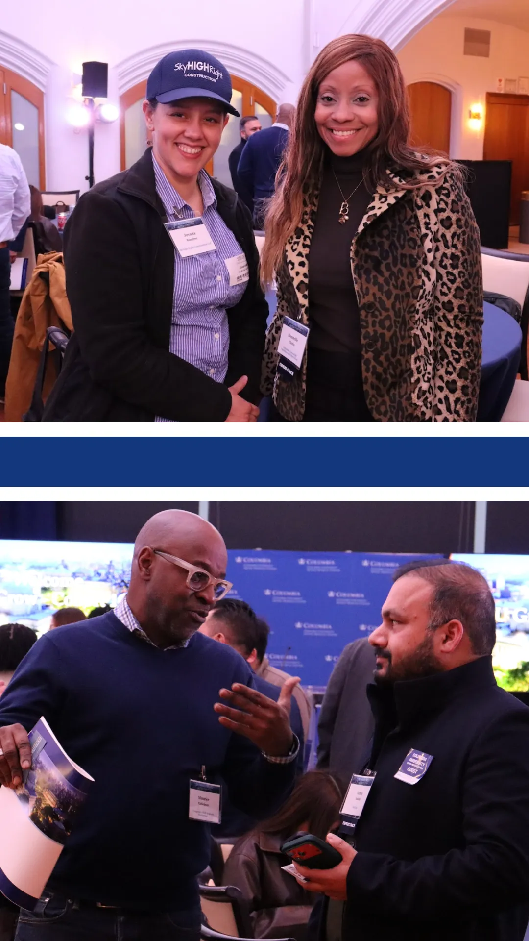 two photos top - two women smiles, bottom two men talking